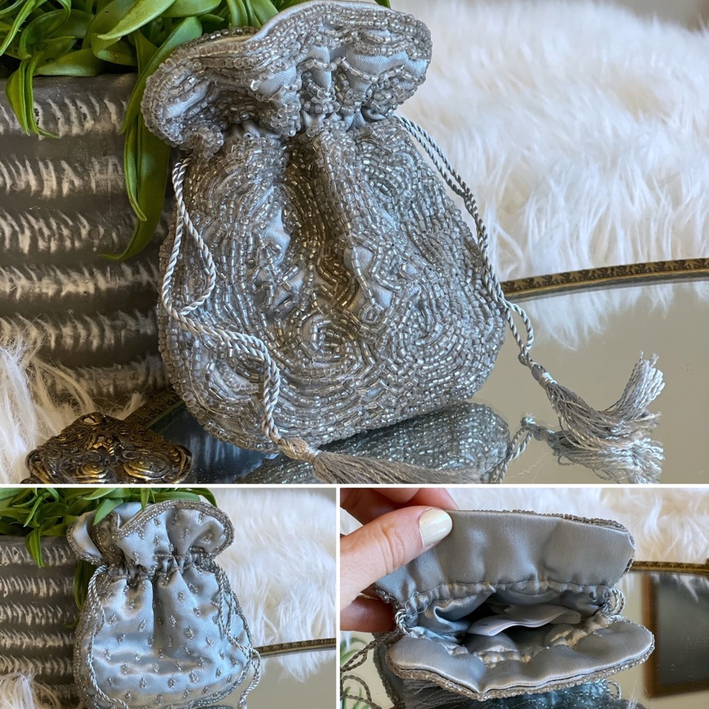 NWOT beaded silver silky mini pouch with tassels